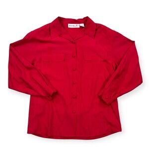 Vintage Peter Martin Blouse Women's M Red 100% Silk Button Up Padded Classic